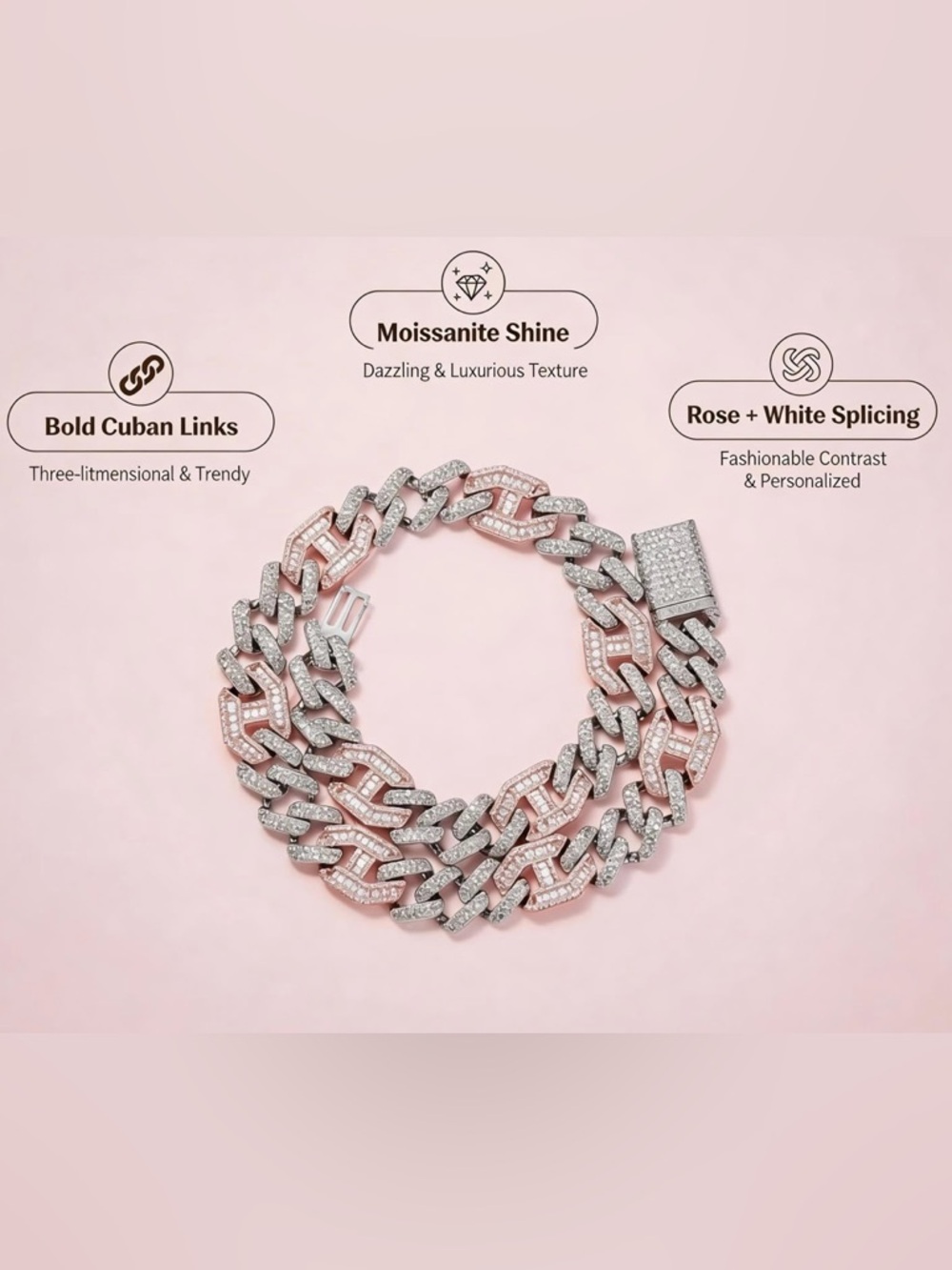 Pave Cuban Link Necklace - Rose Gold & Silver Moissanite Shine